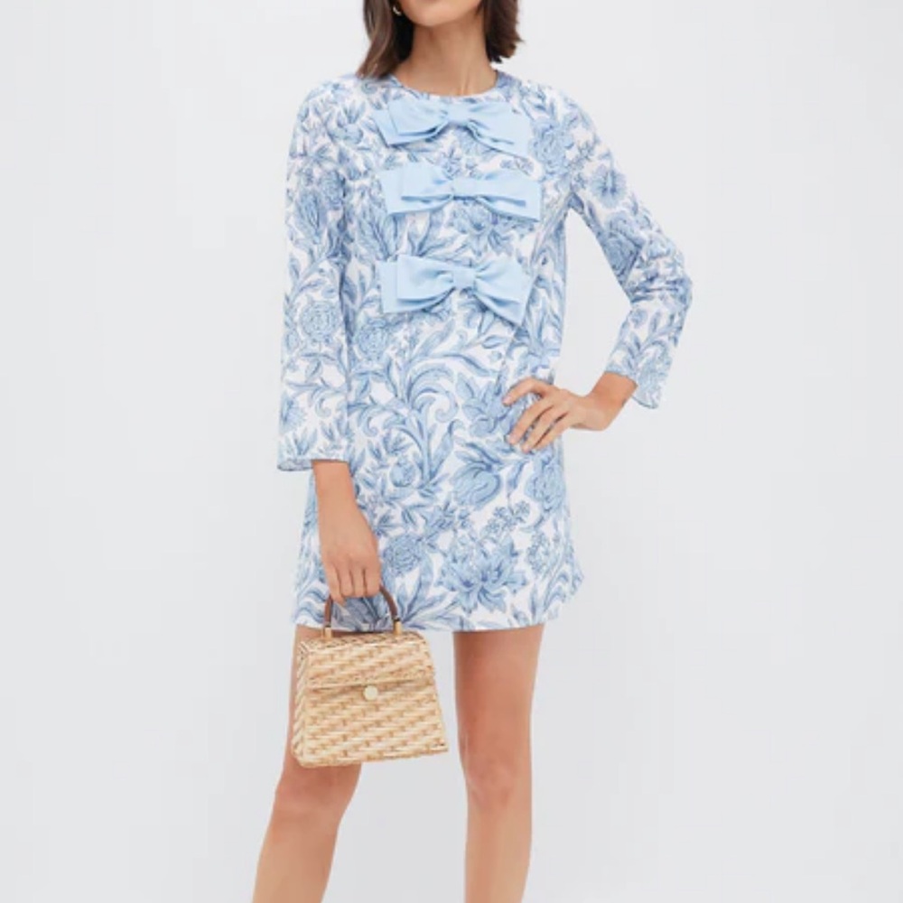 Tuckernuck Blue and White Paisley Long-Sleeve Bow Shift Dress